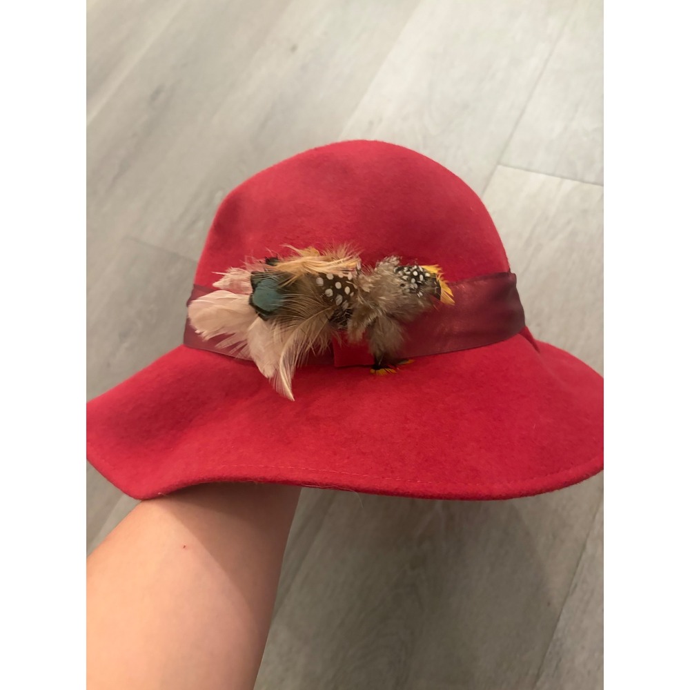 Vintage Made in Italy Red 100% Wool Cloche Hat with Feather Trim & Satin Band
